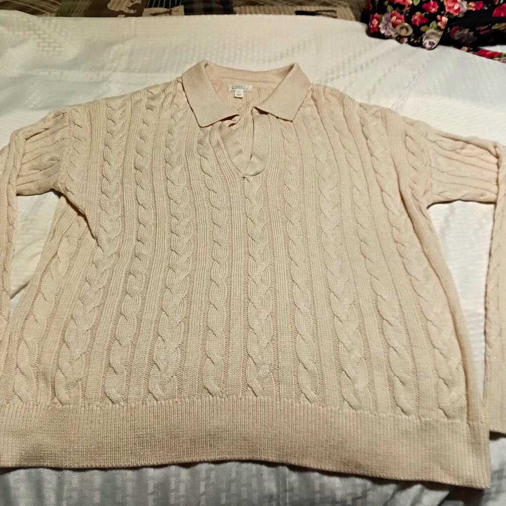 Market & Spruce Mens Cable Knit Collared Pullover Sweater Beige XL cashmere/Silk